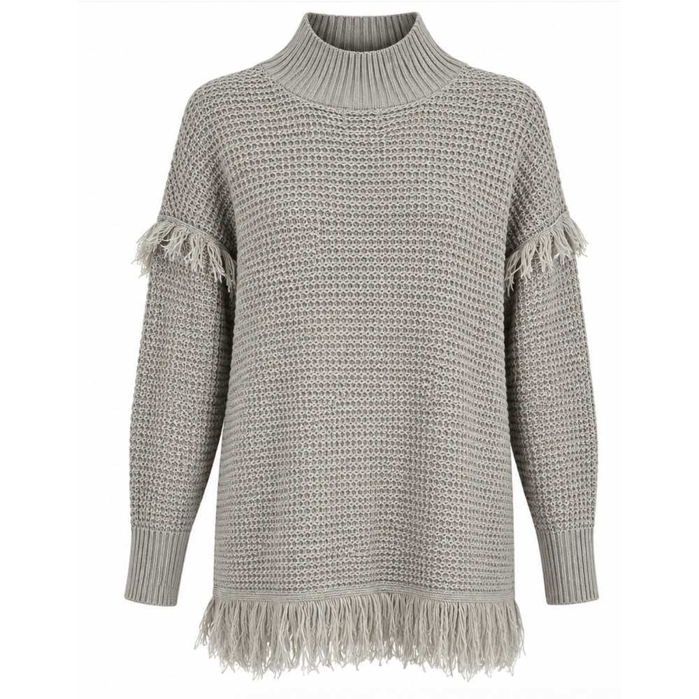 Umgee Sweater Women S Grey Fringe Trim Mock Neck Waffle Knit Drop Shoulder